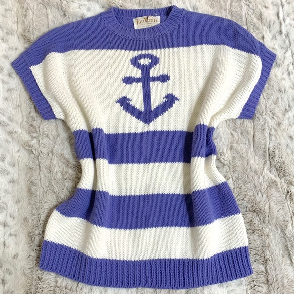 Vintage Nautical Striped Anchor Knit Sweater Top - Picture 5 of 13